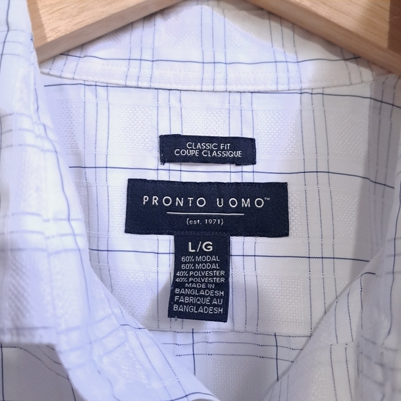 pronto uomo | Men's White Plaid button up short sleeve Shirt classic fit - Picture 6 of 8